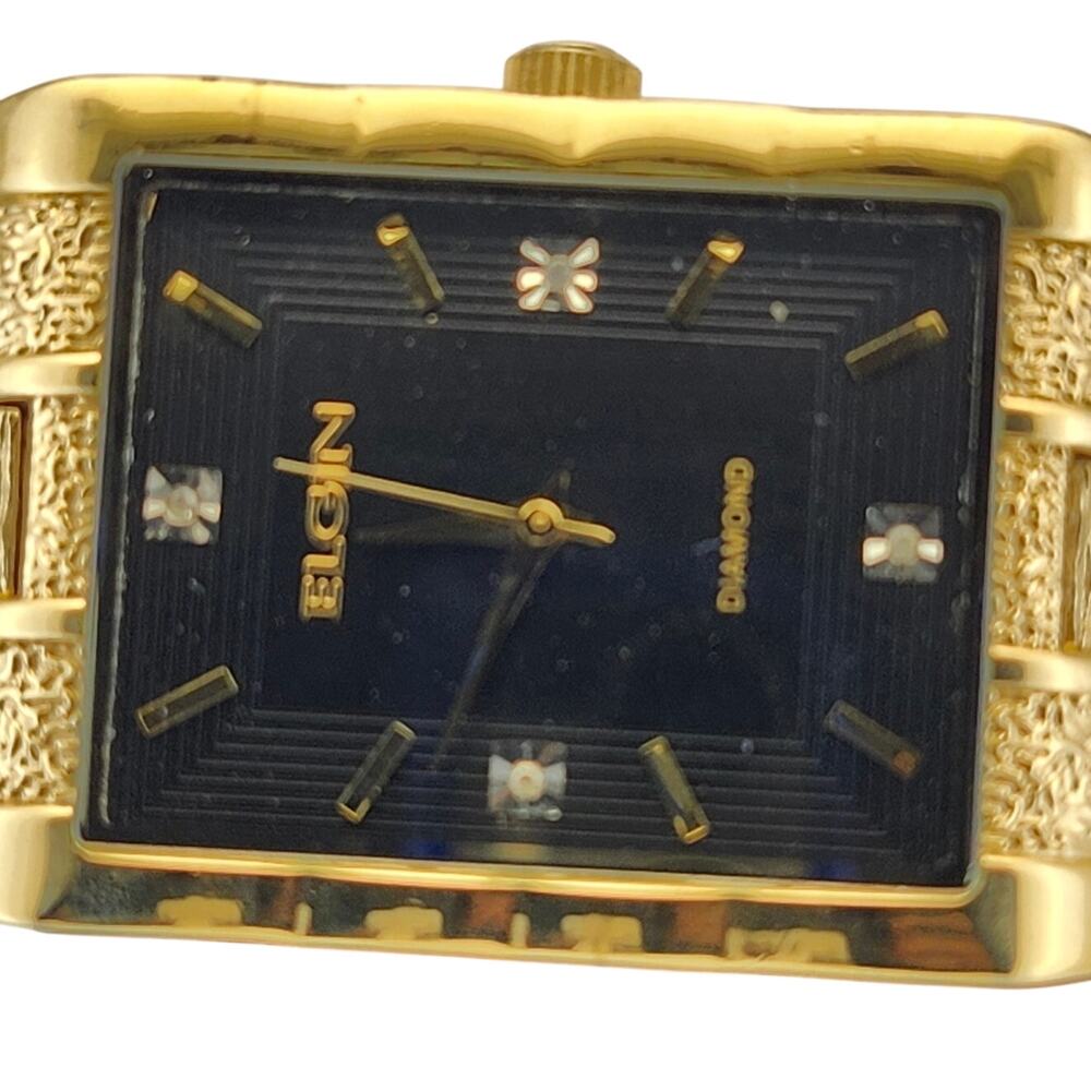Elgin Gold Tone Diamond Accent Rectangle Dial Quartz Watch Base Metal Band